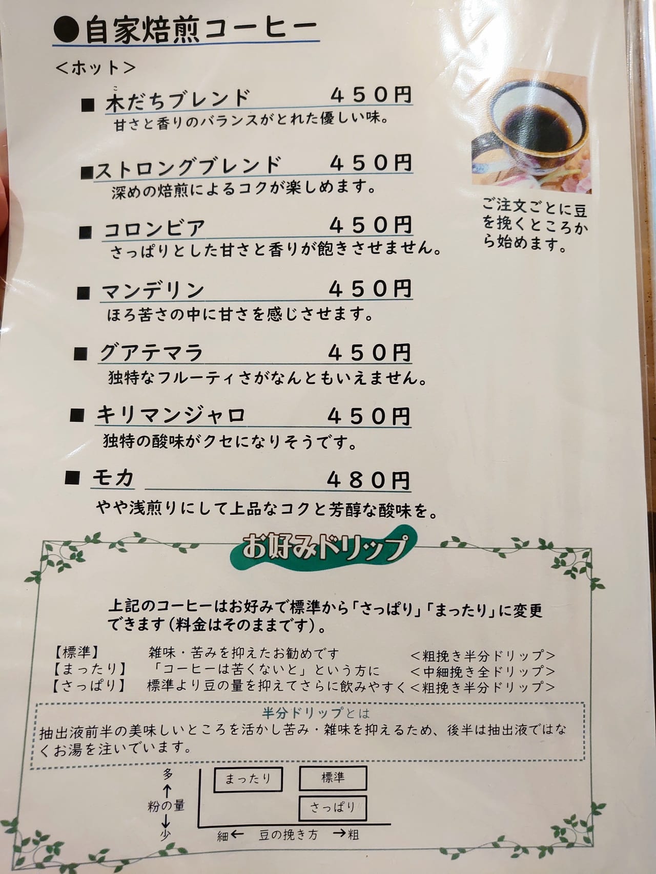 木だち_コーヒーメニュー